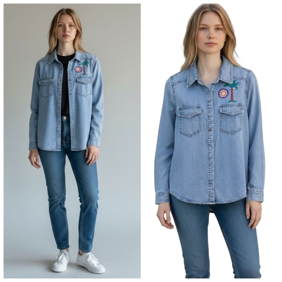 Anthropologie X Mare Mare Boho Cecily Embroidered Button Down Denim Shirt Small - Picture 1 of 16